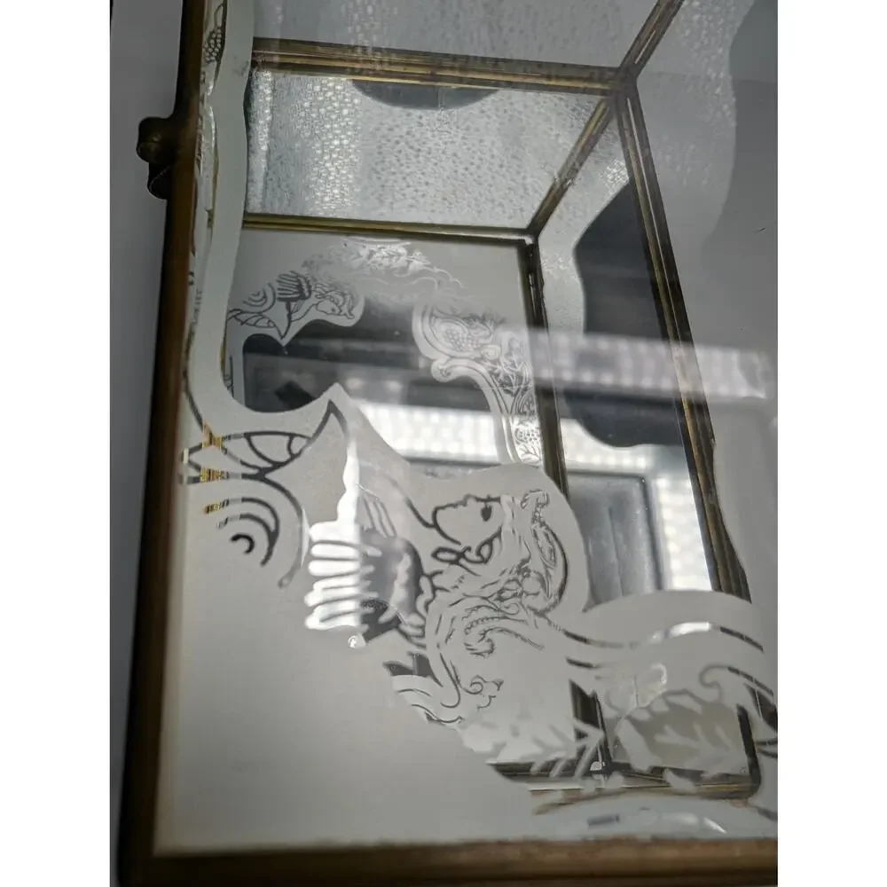 Vintage Brass & Etched Frosted Glass Display Box Trinket Jewelry Casket Vanity